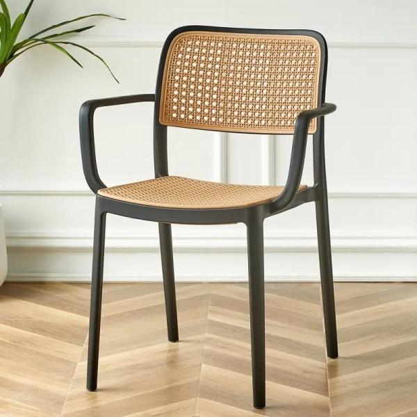 Contemporary Plastic Rattan Dining Chair with Optional Armrest