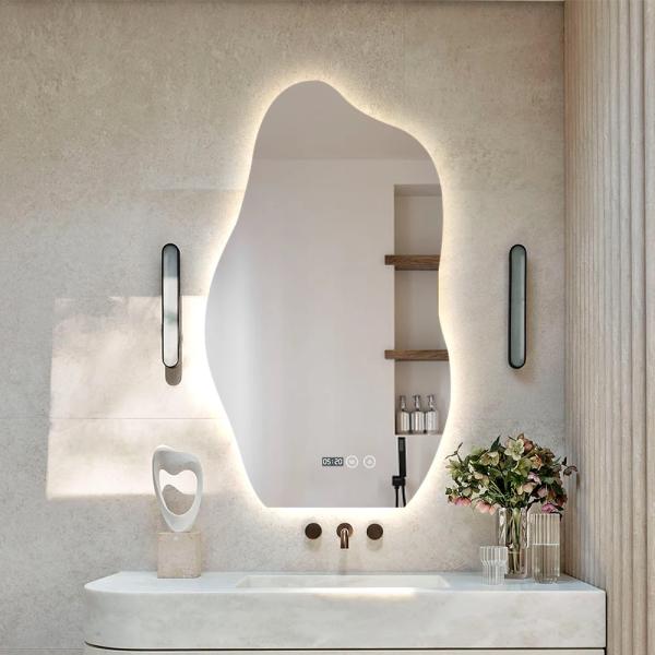 Large Wall Bathroom Mirror With Touch Light , Frameless Asymmetrical LED Mirror Waterproof