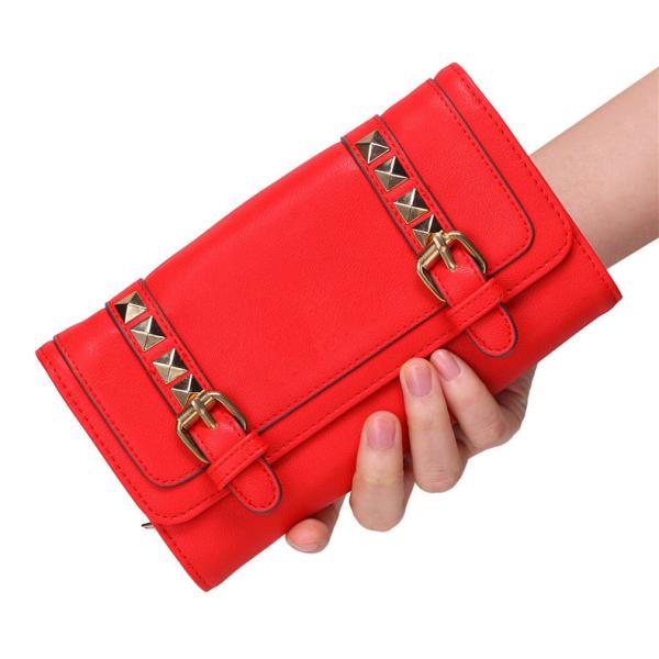 The new solid color long section of the wallet buckle rivets Europe Women's leather wallet