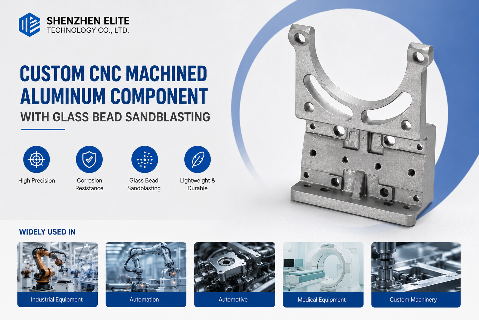 OEM Custom Precision CNC Machined Aluminum Mounting Bracket with Glass Bead Sandblasted Finish and ±0.01 mm Tolerance