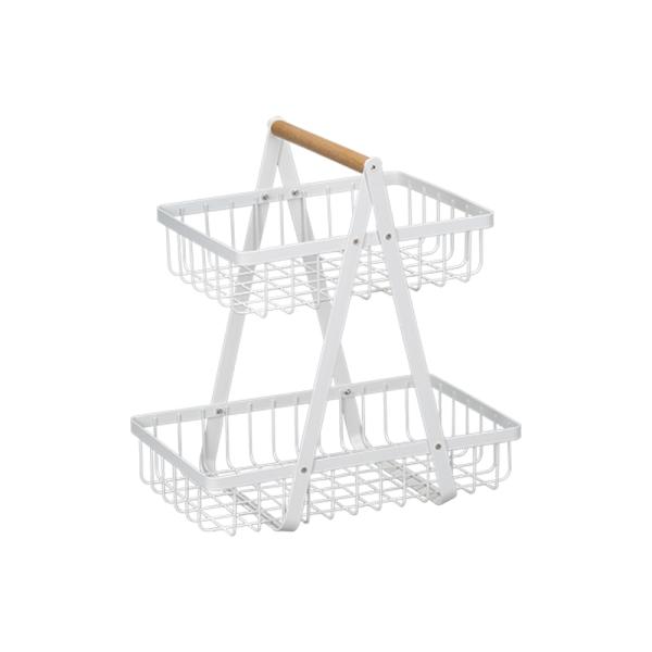 Countertop Wood Handle Iron 2 Tier Wire Fruit Basket For Kitchen Organization