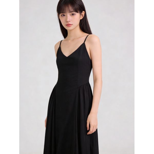 Elegant Spaghetti Strap Midi Dress - Solid Color (Cream / Black / Light Blue)