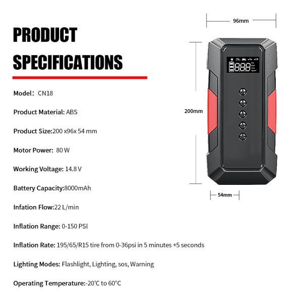 8000mAh Car Multi Functional Jump Starter 12V Car Emergency Start Power Supply With Air Compressor