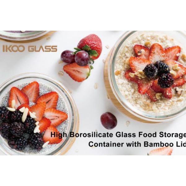 IKOO Microwave Safe Bamboo Lid Borosilicate Glass Food Container