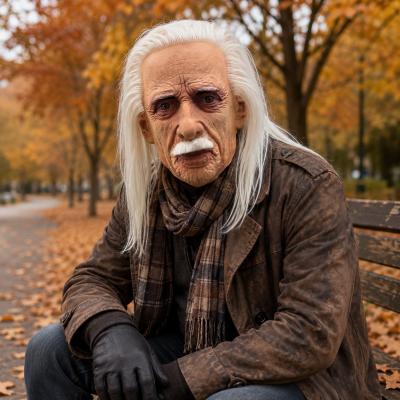 Long White Hair Old Man Latex Full Head Mask with White Mustache, Realistic