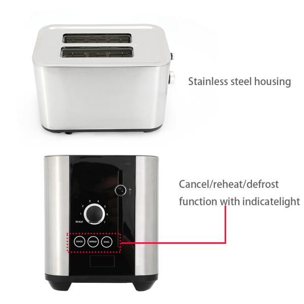 6 times setting stainless housing with Cancel/reheat/defrost function with indicatelight 2 Slices Toaster