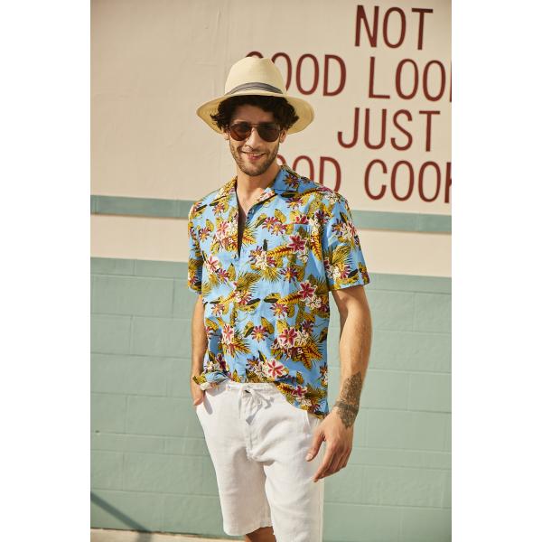 52% Linen Summer Button Up Shirts Mens Short Sleeve Hawaiian Casual Floral Shirts