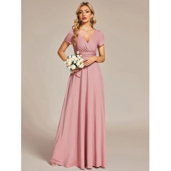 Sexy Custom Size V-neck Simple Pleated Empire Waist A-line Short Sleeve Dusty Rose Satin Evening Dress