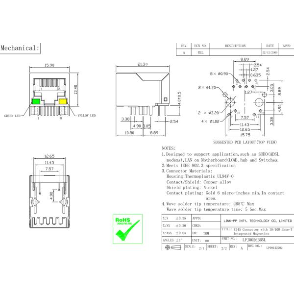 IEEE 802.3 RJ45 Modular Jack 19154  Across LPJ0026BBNL for EMbedded PC