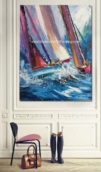Abstract Palette Knife Sailing Boats Paintings, Hand Painted Thick Oil Canvas Art