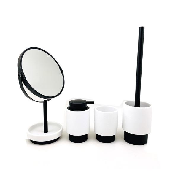 White Sand Stone Polyresin Bathroom Accessories Set Round Tumbler Holder With Black Metal
