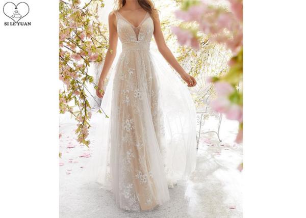 Sexy A Line Bridal Gowns / Sling Beige Deep V Neck Wedding Gown Laces Beading
