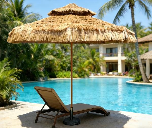 Double Canopy Thatched Umbrella with Ventilation, for Outdoor Lounge and Commercial Patio