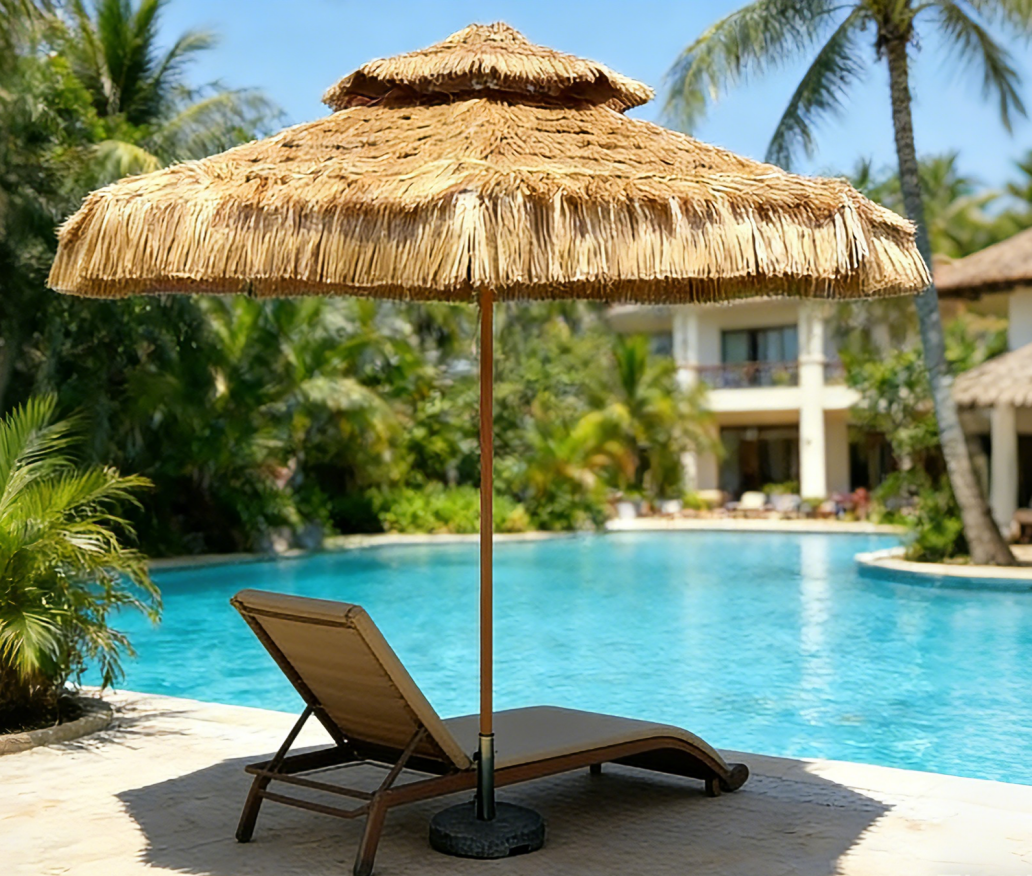 Double Canopy Thatched Umbrella with Ventilation, for Outdoor Lounge and Commercial Patio