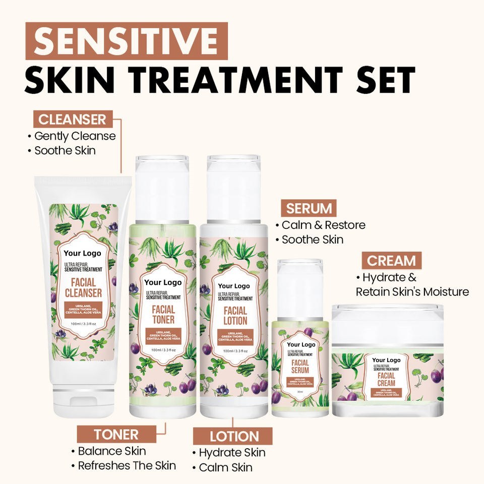OEM ODM Korean brand sensitive skin care product set natural facial toner, redness, anti allergy and moisturizing facial essence, lotion, face cream, soothing essence, serum