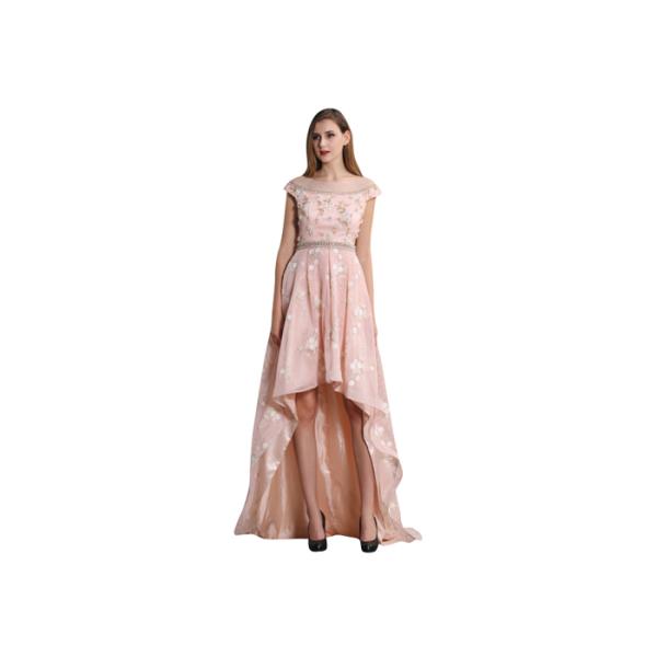High Low Pink Color Cap Sleeve Long Evening Gowns With Shiny Details