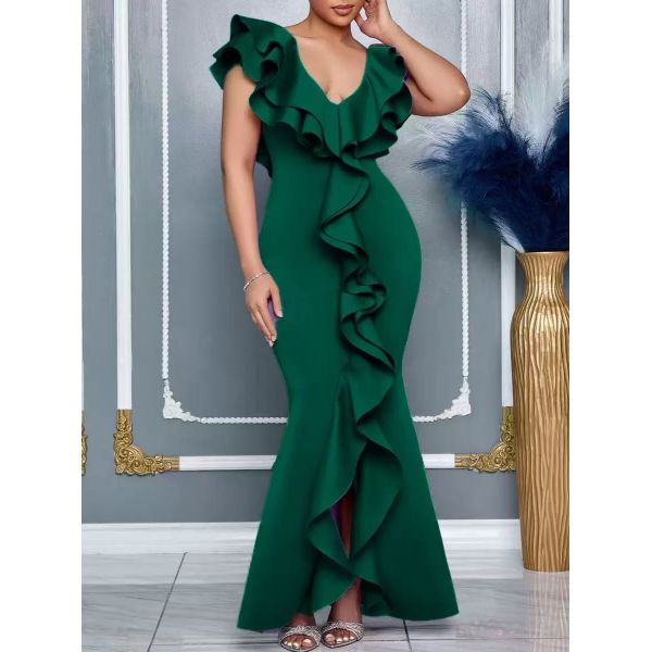 Elegant Fitted Mermaid Gown with Ruffle V-Neck and Soft High-Quality Fabric for Weddings & Parties