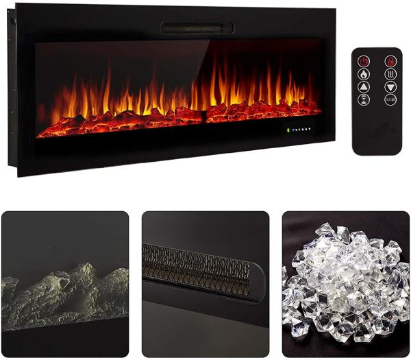 Chaminé elétrico decorativo de 60 polegadas com montagem na parede baixo ruído e 15 cores de chama
