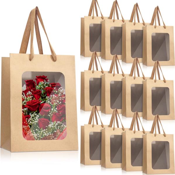 Embalaje de regalo de flores personalizado Bolsas de papel Kraft con ventana transparente y logotipo personalizado