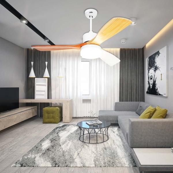 1stshine 220V DC 52 Solid Wood Blades Ventilador de teto com luz e luz LED de 3 cores
