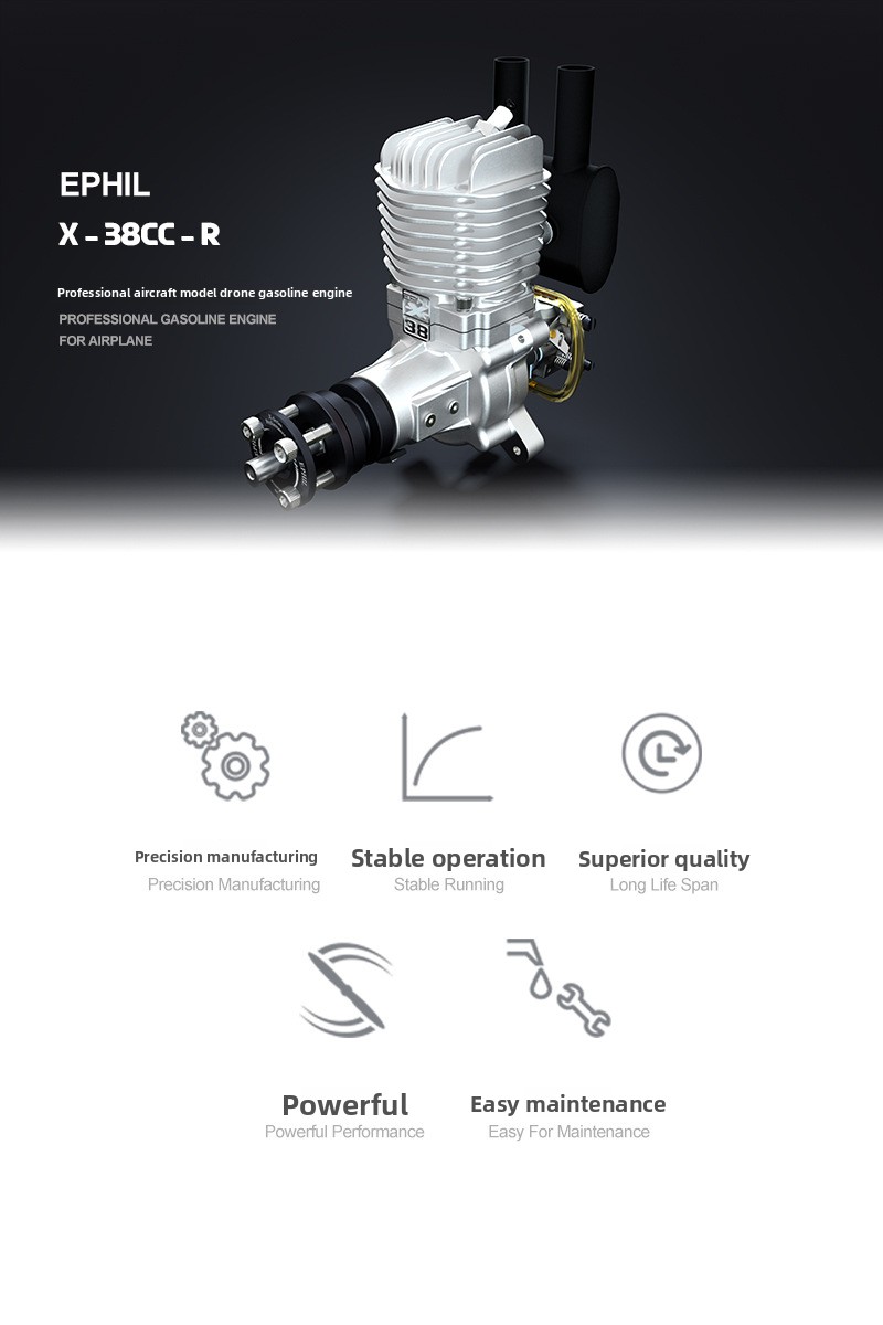 X-38CC-R Model Single Cylinder Two-Stroke Rear Fixed Wing Engine Durable Metal RC Drone for Remote Control Use