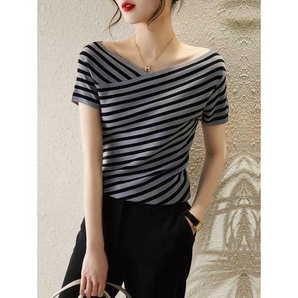 Fashion Striped Knitted Tshirt V Neck Casual Tee Shirt for Women's Occasion