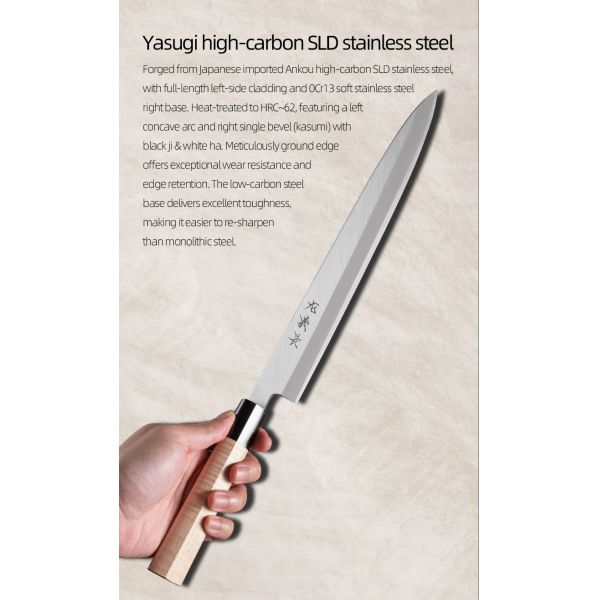 Professional Single Bevel Right-handed Sashimi Knife with Hitachi Yasuki SLD High Carbon Steel and HRC 62±2 Hardness