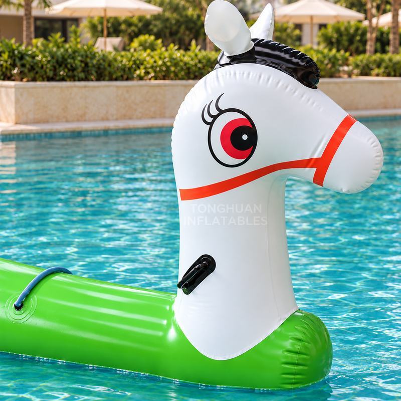 Green Inflatable Pony Water Riding Toy with White Horse Head and Grip Handles for Resort Pool Activities
