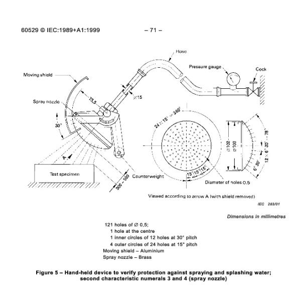 Диаграмма 5 Хандхэльд латунный тестер испытательного оборудования предохранения от входа ИЭК60529 сопла брызг для отверстий ИПС3 ИПС4 121
