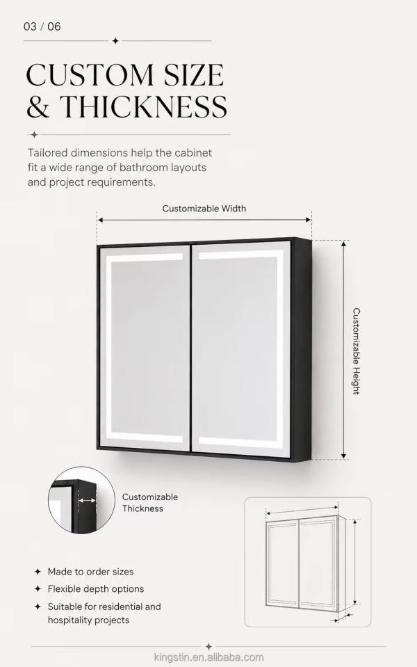 Kingstin Luxury Customizable LED Bathroom Mirror Cabinet with Anti-Fog Dimmable Light & Adjustable Storage Matte Black