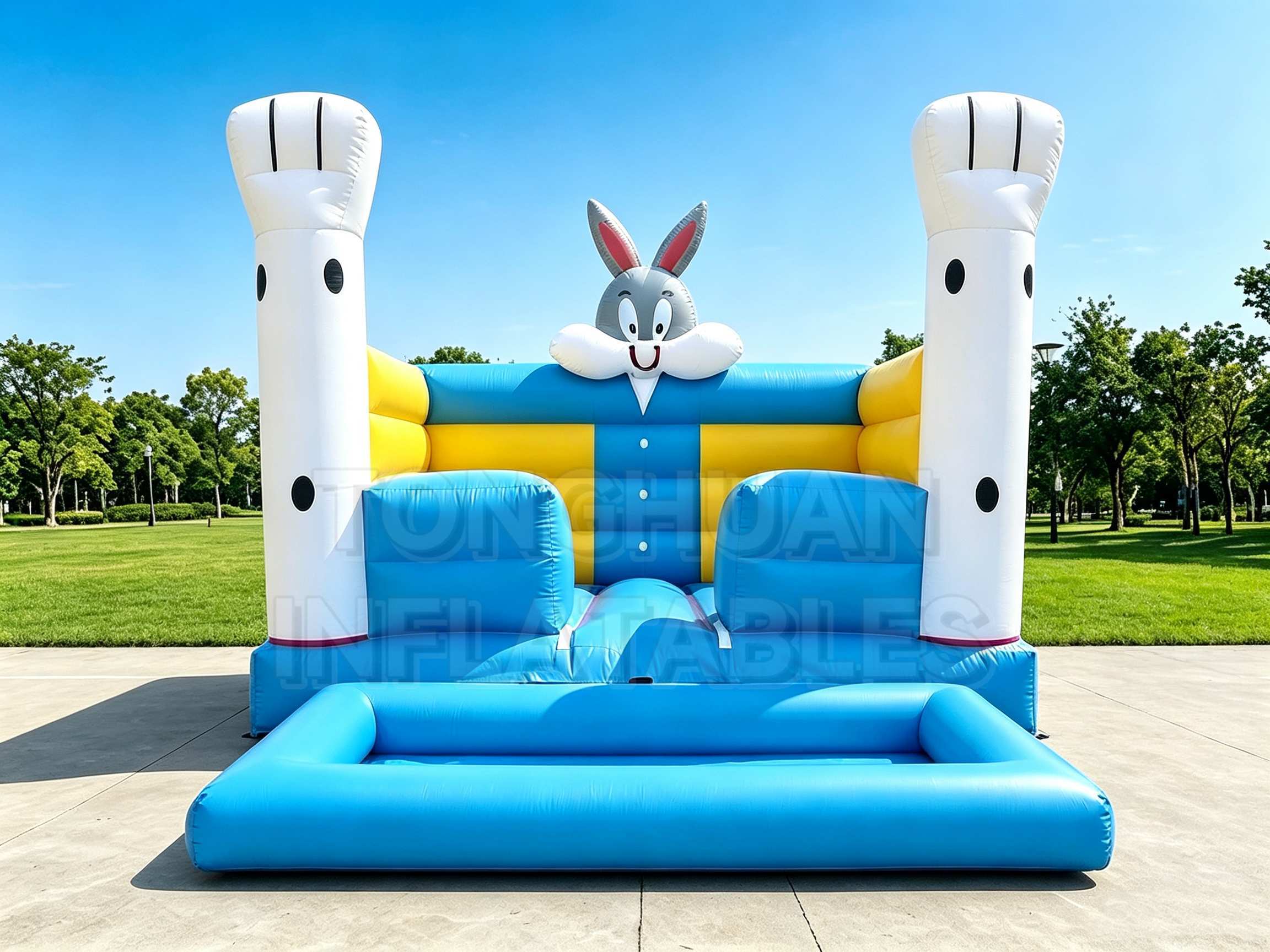 Rabbit Theme Inflatable Bouncer with Cartoon Bunny Head and Bright Colors for Kids Parties Schools and Rentals