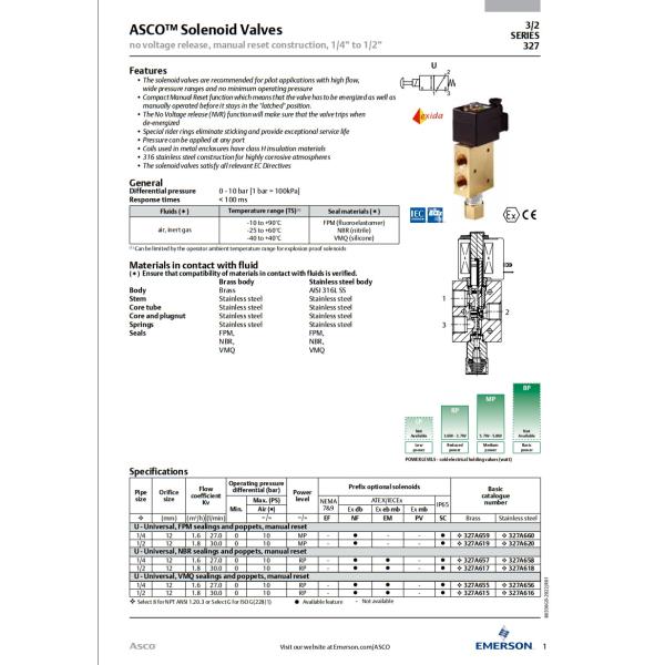 Acero inoxidable de latón ASCO 8327 2 Posición 3 Diseño de doble cámara de válvula de solenoide