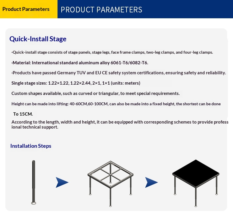 Square Aluminum Alloy Mobile Stage Shelf with Adjustable Height 40-100cm for Quick Installation