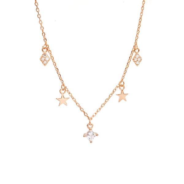 Золото звезды и каменные шармов 925 ожерелья формы Lozenge Multi серебряное розовое