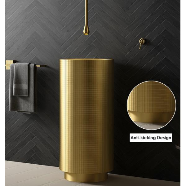 Floor Standing Stainless Steel Pedestal Sink , Cylindrical Wash Basin Brushed Gold Color