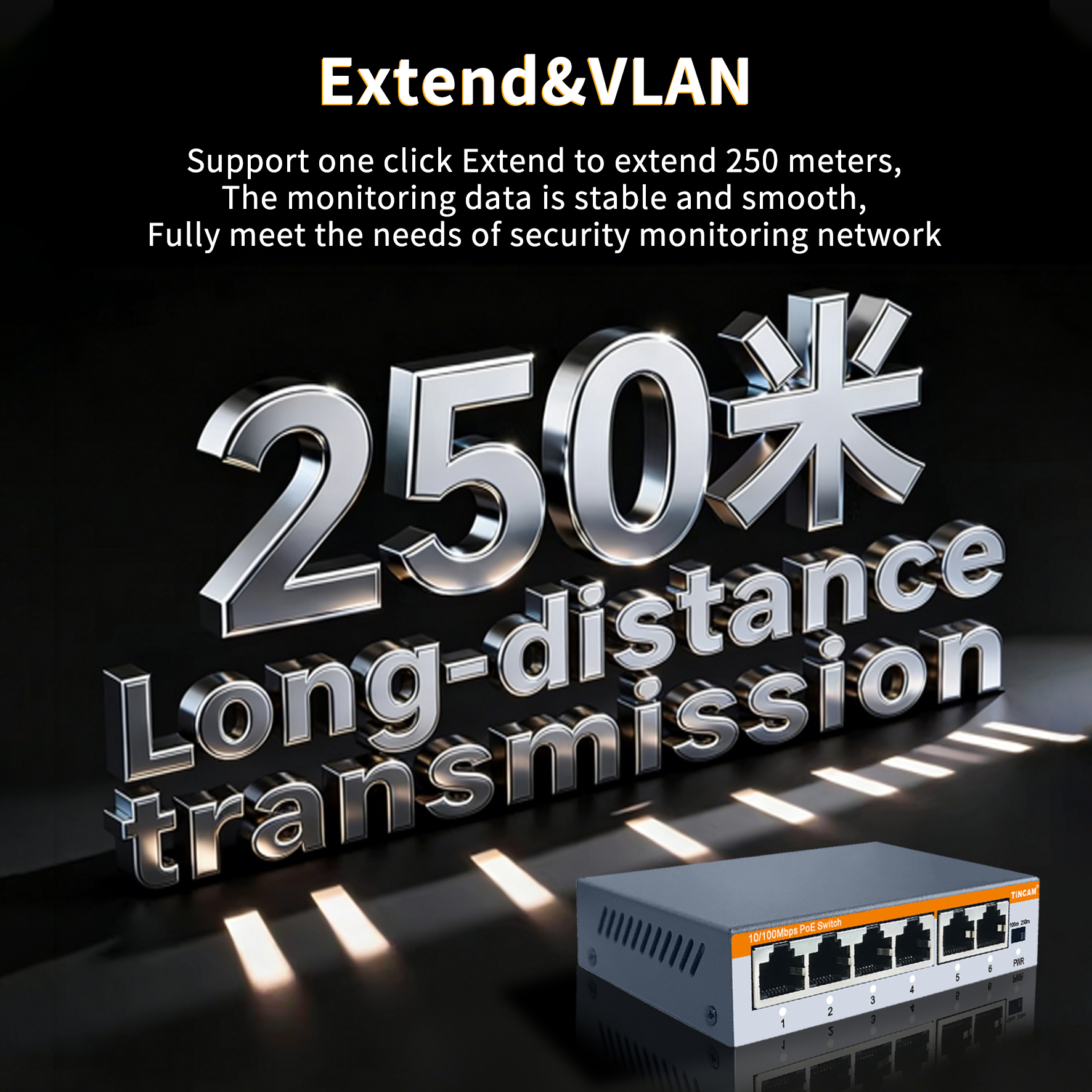 4 Port 10/100Mbps PoE+ Switch with 2 Uplink Ports 48W External Power Adapter IEEE 802.3af/at 250m Extend Mode VLAN– TBC-PS4306E