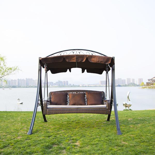 Metal Rattan Swing Chair with Canopy 3-Seater Garden Furniture Metal Steel Frame