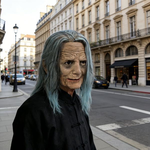 Scary Old Witch Mask with Long Pale Blue Hair, Wrinkled Latex Female Mask for Halloween Cosplay & Haunted House
