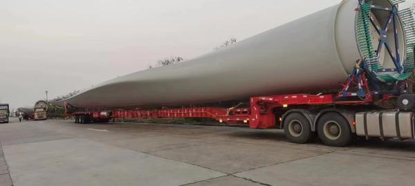 Aço personalizado, lâmina de turbina eólica de 56 m, semi-reboque de cama plana com pescoço de galinha