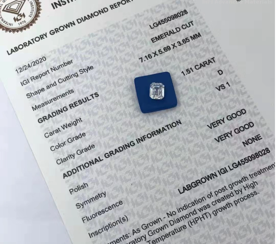 1.51 Ct VG Лабораторно выращенный изумрудовый бриллиант HPHT D цвет VS1 бриллиант