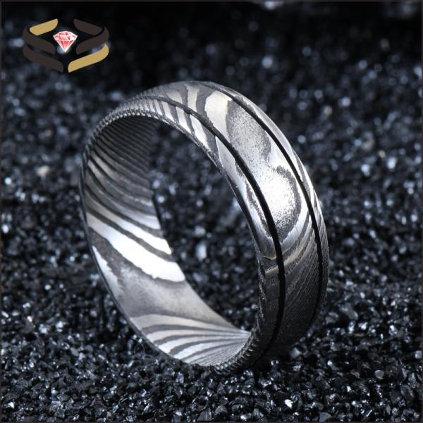 Bague Homme Noire en Acier Damas 8mm Double Rainure pour Fiançailles Mariage