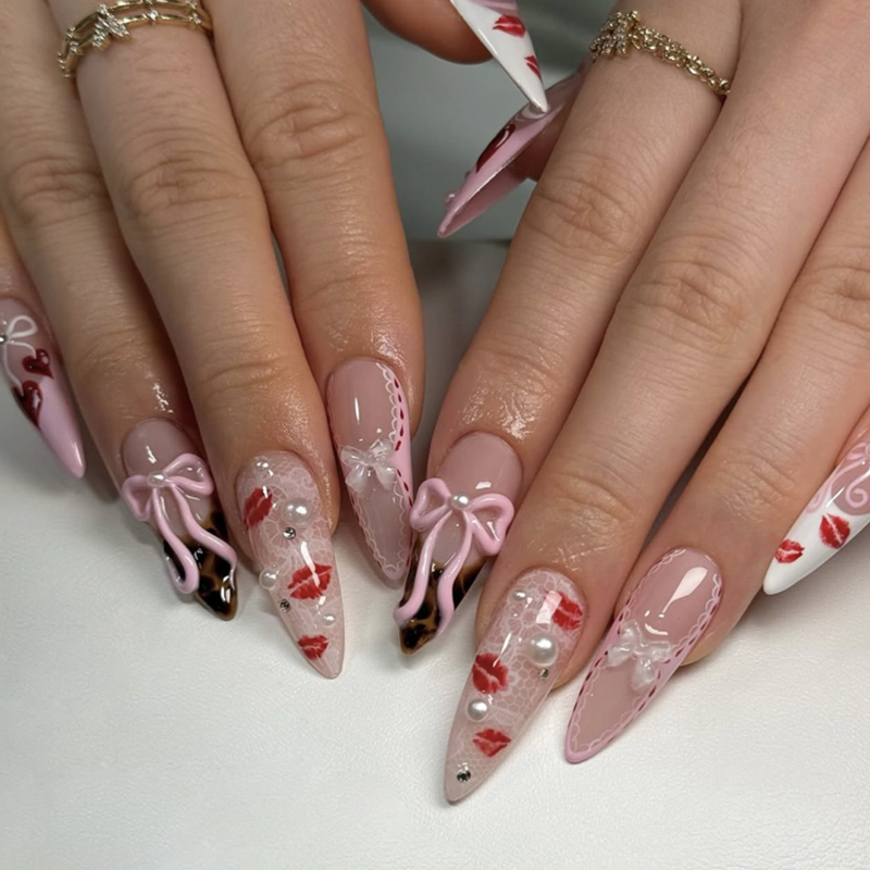 Glossy Long Stiletto Grunge 3D False Nails Sweet Bow Design