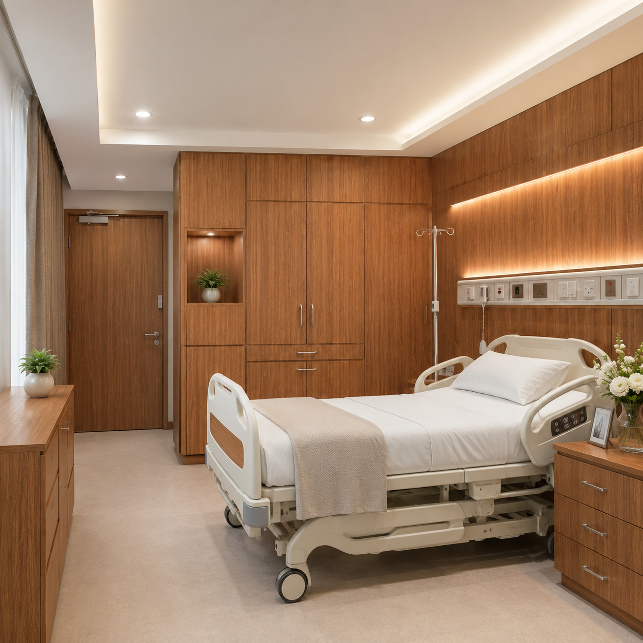 Custom Hospital Interior Design  HPL Compact Panel Wall Cladding, Nursing Station & Patient Ward Furnishing Solutions