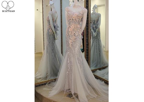 Purple And Pink Lace Mermaid Prom Dress High Collar Backless Flowers Tulle Tail