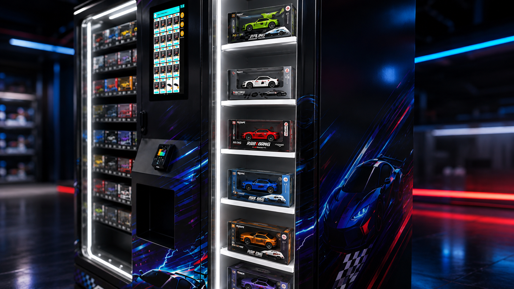 Toy Vending Machine with Transparent Display Cabinet for Automated Toy Car Sales and Enhanced Retail Experience