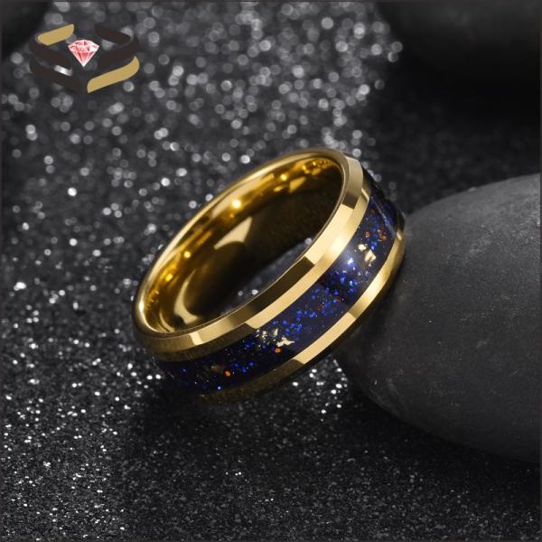 Men'S Tungsten Wedding Band Ring Gold Foil Inlayed With 8mm Galaxy Sandstone Opal