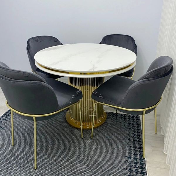 Modern Gold Stainless Steel Dining Table with Circular Pedestal Marble Home Villa Hotel Wedding Stylish Contemporary Furniture