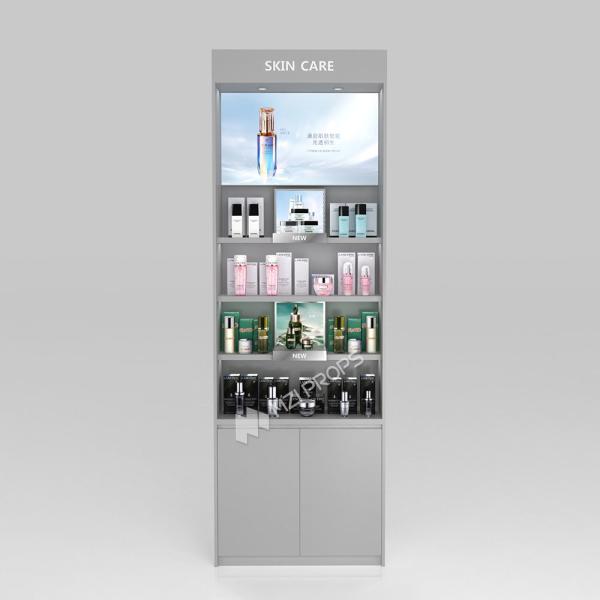 Grey Wooden Cosmetics Cabinet With Light Box, Used For Cosmetics Retail Stores And Chain Stores To Sell Cosmetics, Perfume And Facial Mask