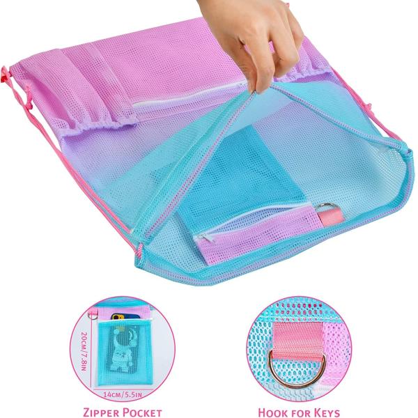 Gym Beach Mesh Drawstring Bag With Zipper Pocket For Swimming Gear Storage