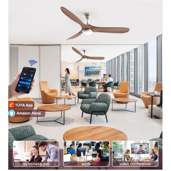 Ventilador de teto com controle remoto inteligente com 3 lâminas de madeira natural e material de corpo de lâmpada de metal